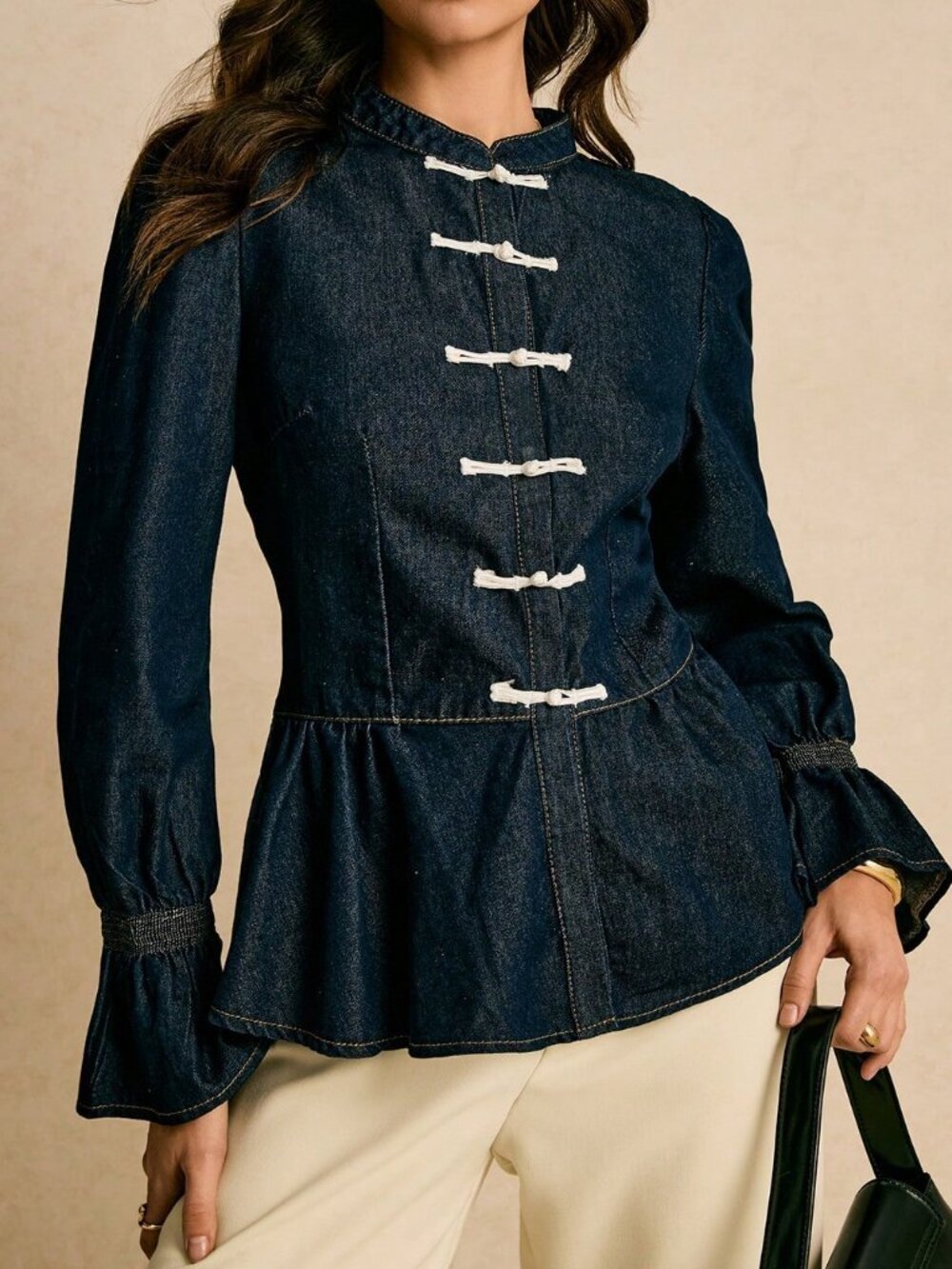 Dark Wash Elegant Women's Darin Collar Pleated Western Blouses Denim Tops - Picture 4 of 6